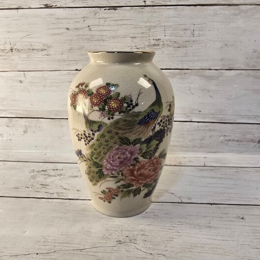 Vintage Japanese Satsuma Peacock Floral Crackle Glaze Porcelain Vase Gold Trim